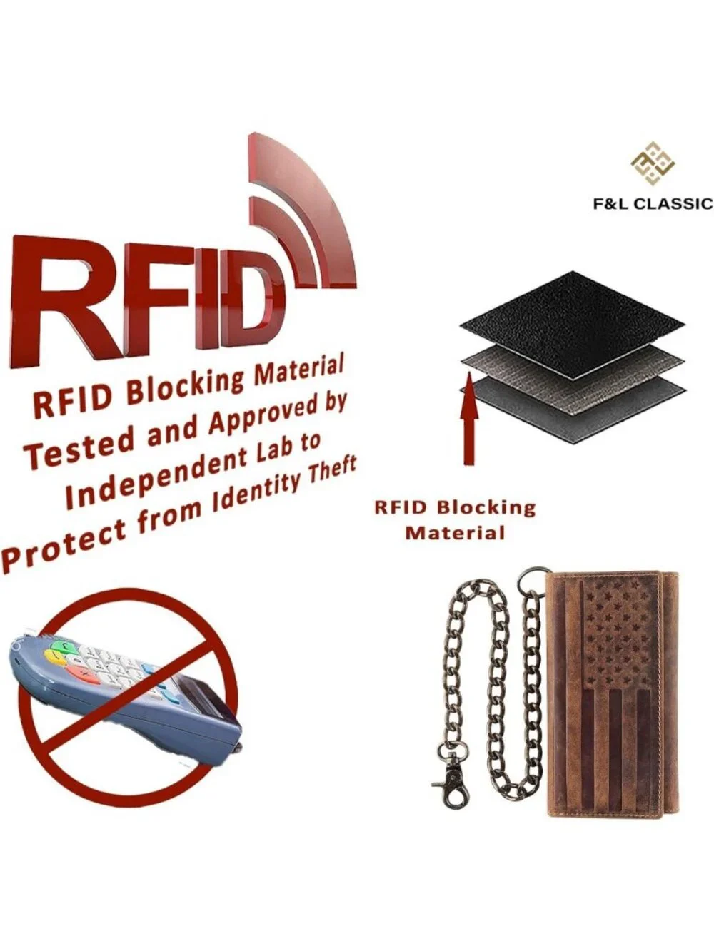 Classic RFID Blocking Men's Tri-Fold Leather Wallet with Steel Chain - Brown